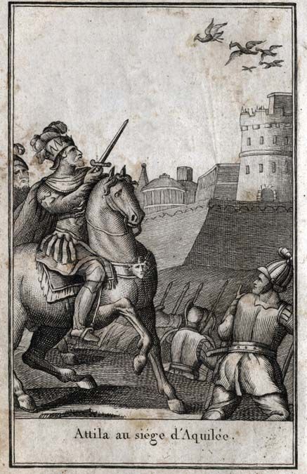 Attila, a hunok királya Aquileia ostroma alatt 452-ben. Rézkarc, 1814. Fotó: Wikipédia